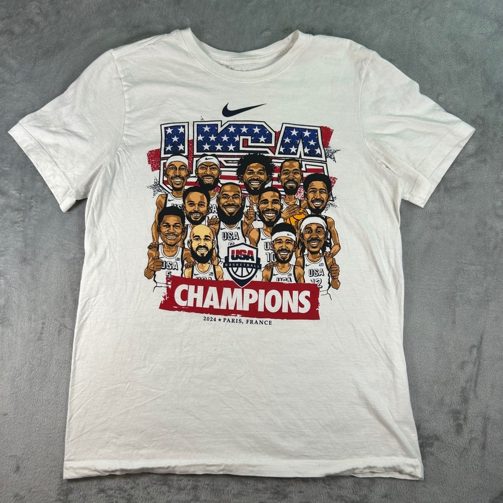 Nike USA Basketball 2024 Paris Champions T-Shirt Mens Medium White LeBron Curry